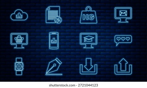 Cargar de línea, como y corazón, peso, teléfono inteligente con Descarga, cesta de la compra del monitor, Cargar de la nube, casquillo de la graduación e icono de los archivos de la transferencia. Vector