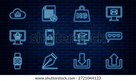 Set line Upload, Like and heart, Weight, Smartphone with download, Monitor shopping basket, Cloud upload, graduation cap and Transfer files icon. Vector