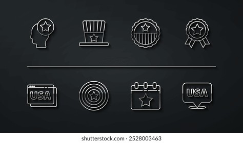 USA Cabeza, en el navegador, Medalla con estrella, Fecha de calendario 4 de julio, Escudo americano, Sombrero de copa patriótico, Día de la Independencia e icono. Vector