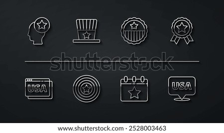 Set line USA Head, on browser, Medal with star, Calendar date July 4, American shield, Patriotic top hat, Independence day and  icon. Vector