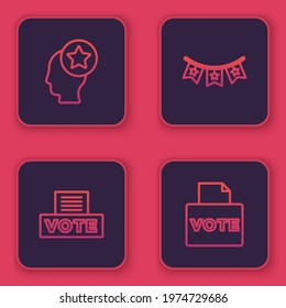 Set line USA Head, Vote box, Carnival garland with flags and . Blue square button. Vector