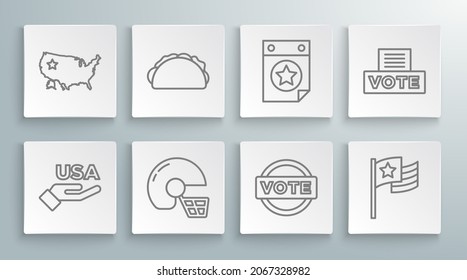 Fijar la línea Día de la Independencia de Estados Unidos, Taco con tortilla, casco de fútbol americano, Vota, bandera, fecha del calendario 4 de julio, caja e icono del mapa. Vector