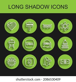 Set line USA Independence day, Dollar symbol, Eagle, Stacks paper money cash, White House and  icon. Vector