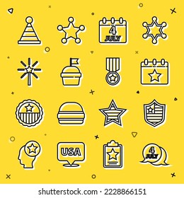 Set line USA Independence day, Shield with stars, Calendar date July 4, Cake, Firework, Party hat and Medal icon. Vector