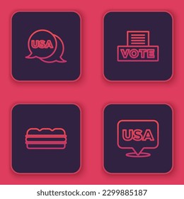 Set line USA Independence day, Sandwich, Vote box and . Blue square button. Vector