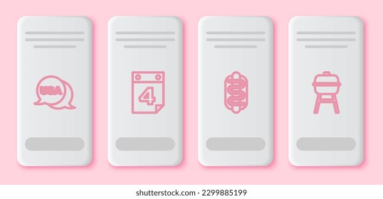 Set line USA Independence day, Calendar with date July 4, Hotdog sandwich and Barbecue grill. White rectangle button. Vector