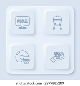 Set line USA Independence day, Barbecue grill, American football helmet and . White square button. Vector