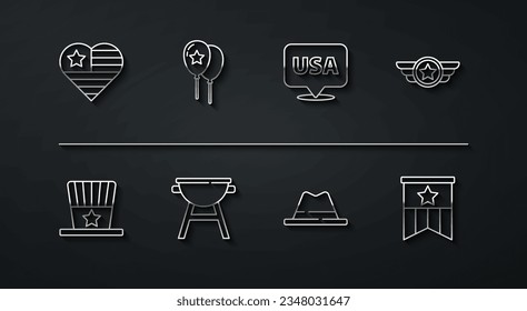 Set line USA Independence day, Patriotic American top hat, Star military, Man with ribbon, Barbecue grill, Balloons, flag and  icon. Vector