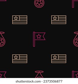 Set line USA Independence day, American flag and  on seamless pattern. Vector