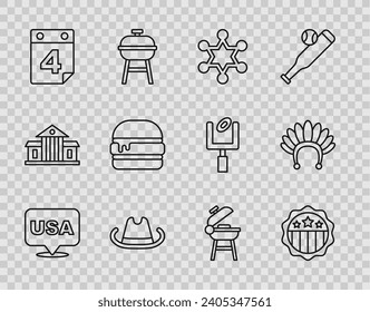 Set line USA Independence day, Hexagram sheriff, Western cowboy hat, Calendar with date July 4, Burger, Barbecue grill and Indian headdress feathers icon. Vector
