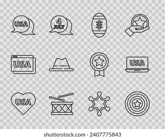 Set line USA Independence day, American star shield, Football ball, Drum and drum sticks, label, Man hat with ribbon, Hexagram sheriff and laptop icon. Vector