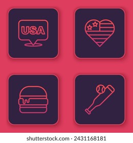 Set line USA Independence day, Burger,  and Baseball bat with ball. Blue square button. Vector