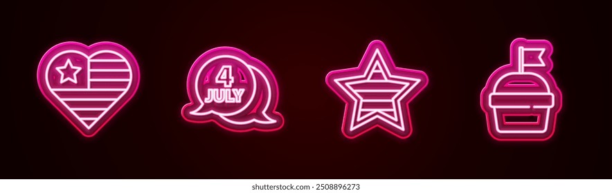 Set line USA Independence day, ,  and Cake. Glowing neon icon. Vector