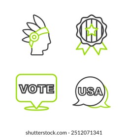 Set line USA Independence day, Vote, Medal with star and Native American Indian icon. Vector