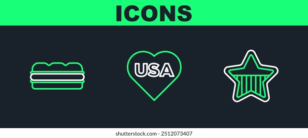 Set line USA Independence day, Sandwich and  icon. Vector