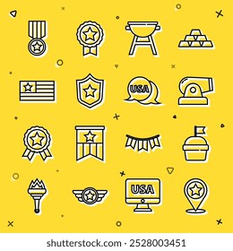 Día de la Independencia de los Estados Unidos, pastel, cañón, parrilla de barbacoa, insignia de policía, bandera estadounidense, medalla con estrella e icono de etiqueta. Vector