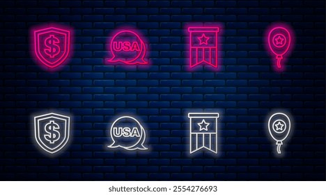 Set line USA Independence day, American flag, Shield with dollar and Balloons. Glowing neon icon on brick wall. Vector