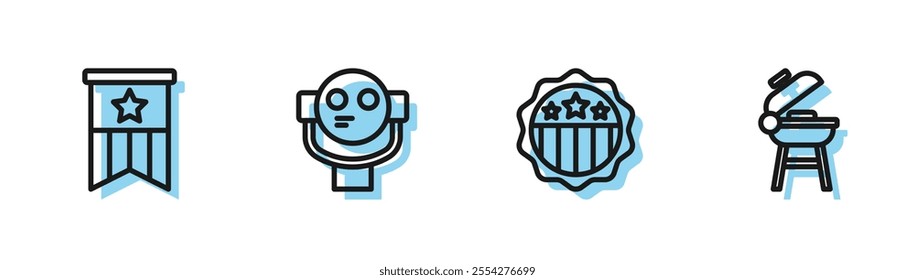 Set line USA Independence day, American flag, Tourist binoculars and Barbecue grill icon. Vector