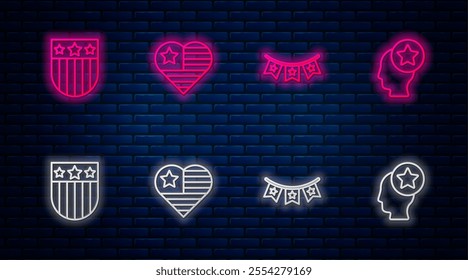 Set line USA Independence day, Carnival garland with flags, Shield stars and Head. Glowing neon icon on brick wall. Vector