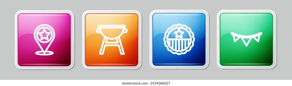 Set line USA Independence day, Barbecue grill, Medal with star and Carnival garland flags. Colorful square button. Vector