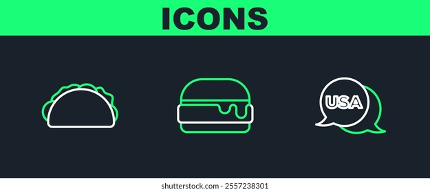 Set line USA Independence day, Taco with tortilla and Burger icon. Vector