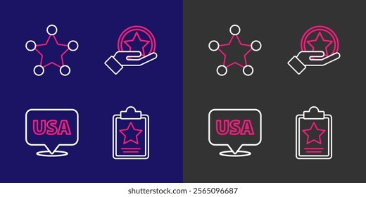 Set line USA Independence day,  and Hexagram sheriff icon. Vector