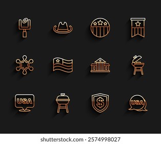 Set line USA Independence day, Barbecue grill, American football goal post, Shield with dollar, flag,  and White House icon. Vector