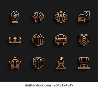 Set line USA Independence day, Shield with stars, Eagle, White House, Patriotic American top hat, Medal, dollar and Vote icon. Vector
