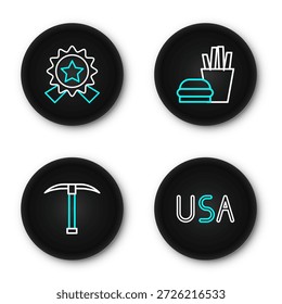 Set Linie USA Label, Pickaxe, Burger und Pommes Frites und Medal mit Stern-Ikone. Vektorgrafik