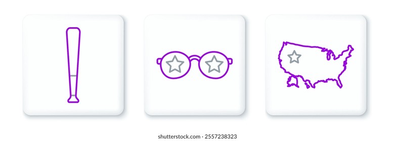 Set line USA map, Baseball bat and Glasses with stars icon. Vector