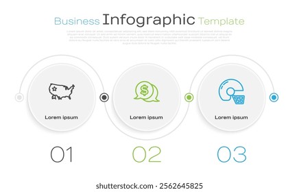 Set line USA map, Coin money with dollar and American football helmet. Business infographic template. Vector