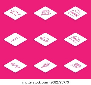 Set line USA map, Tourist binoculars, Vote box, Baseball bat, Western cowboy hat, Independence day, Glasses with stars and Balloons icon. Vector