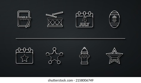 Set line USA on graphic tablet, Calendar with date July 4, American Football ball, Fire hydrant, Hexagram sheriff, Drum and drum sticks, Independence day and  icon. Vector