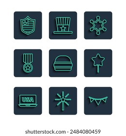Set line USA on laptop, Firework, Carnival garland with flags, Hexagram sheriff, Burger, Medal star, Shield stars and Balloon icon. Vector