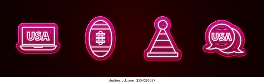 Set line USA on laptop, American Football ball, Party hat and label. Glowing neon icon. Vector