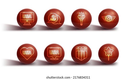 Set Line USA On Monitor, Independence Day, Star American Military, Shield With Stars, Balloon And Torch Flame Icon. Vector