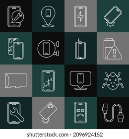 Set line USB cable cord, System bug, Smartphone battery charge, Mobile charging, Phone repair service, with broken screen,  and Glass protector icon. Vector