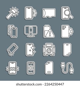 Set line USB cable cord, Glass screen protector, Phone repair service, Micro SD memory card, Mobile with broken, Hammer and Smartphone battery charge icon. Vector