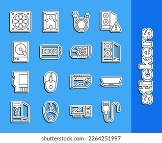 Set line USB cable cord, Laptop, Case of computer, Electric plug, Hard disk drive HDD, Computer cooler and Video graphic card icon. Vector