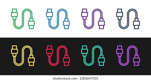 Ajuste el icono del cable de cable USB de línea aislado en fondo blanco y negro. Conectores y enchufes para PC y dispositivos móviles.  Vector