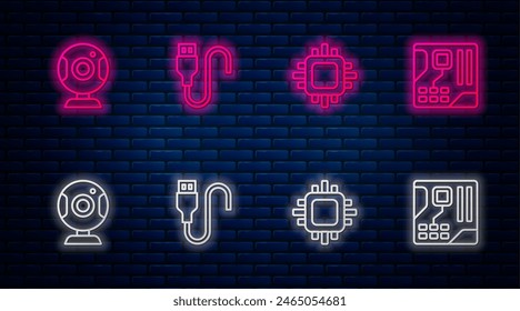 Set line USB cable cord, Processor with CPU, Web camera and Motherboard digital chip. Glowing neon icon on brick wall. Vector