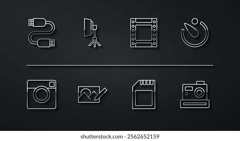 Set line USB cable cord, Photo camera, Camera timer, SD card, retouching, Softbox light,  and roll cartridge icon. Vector