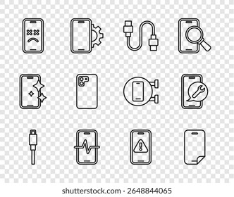 Set line USB cable cord, Glass screen protector, Phone repair service, Dead mobile, Smartphone, Mobile with exclamation mark and  icon. Vector