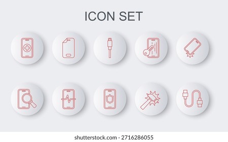 Set line USB cable cord, Phone repair service, Hammer, Glass screen protector,  and Mobile with shield icon. Vector