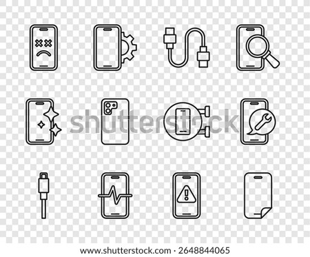 Set line USB cable cord, Glass screen protector, Phone repair service, Dead mobile, Smartphone, Mobile with exclamation mark and  icon. Vector