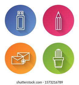 Set line USB flash drive, Pencil, Envelope and Cactus and succulent in pot. Color circle button. Vector