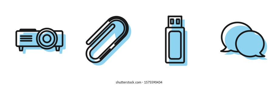 Set line USB flash drive, Presentation, movie, film, media projector, Paper clip and Speech bubble chat icon. Vector