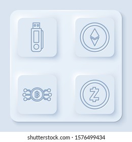 Set line USB flash drive, Cryptocurrency coin Ethereum ETH, Cryptocurrency bitcoin in circle with microchip circuit and Cryptocurrency coin Zcash ZEC. White square button. Vector