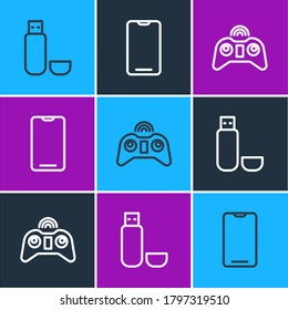 Set line USB flash drive, Wireless gamepad and Smartphone, mobile phone icon. Vector