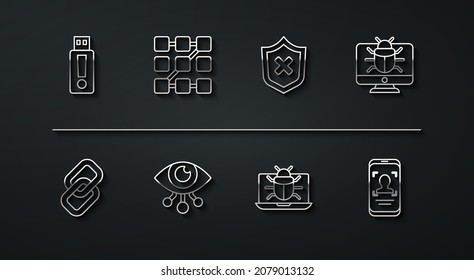 Set line USB flash drive, Chain link, System bug on monitor, Eye scan, Graphic password protection, Mobile and face recognition and Shield with cross mark icon. Vector